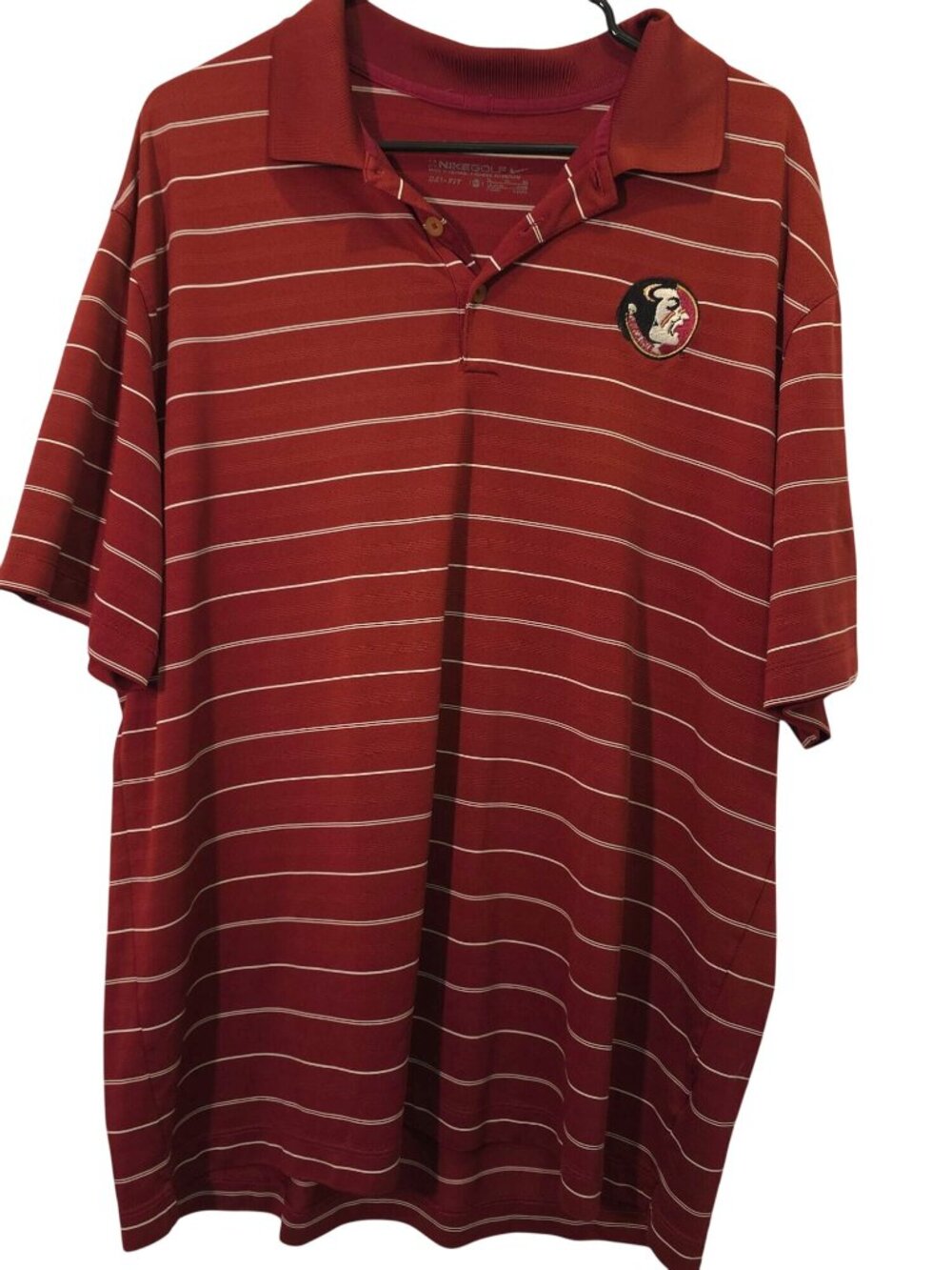 Nike Golf Dri-Fit Mens Polo Shirt With FSU Seminoles Logo Red/White Striped Shor